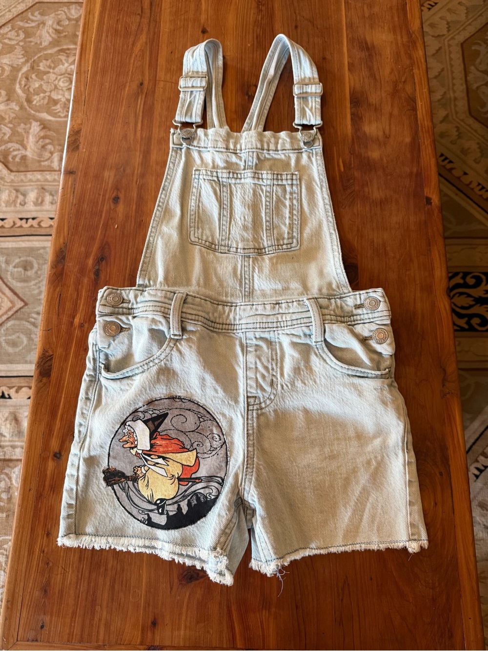 Cat & Jack Light Blue Denim Short Overalls with Cartoon Patch